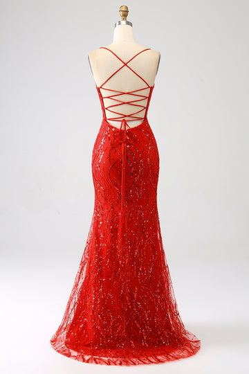 Glitter rosso sirena lungo paillettes abito da ballo con fessura